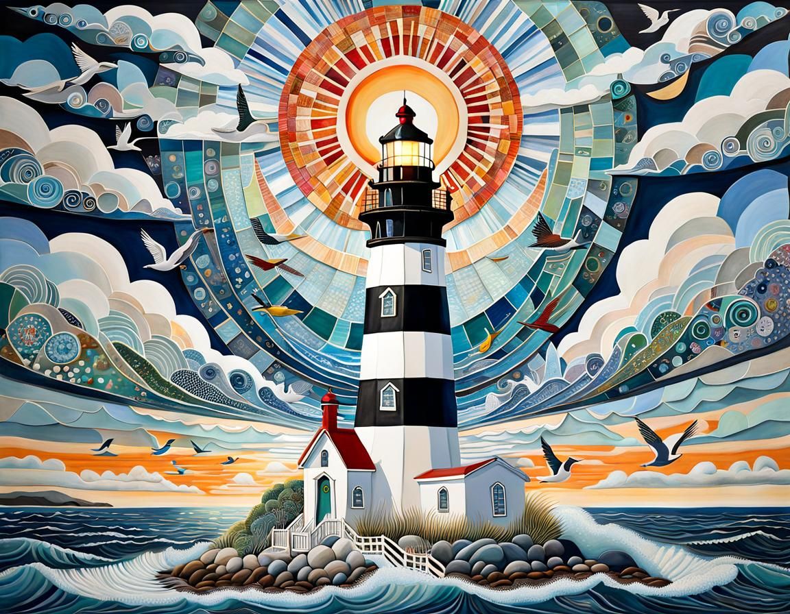 Whimsical Lighthouse by Ocean in Folk Art Style