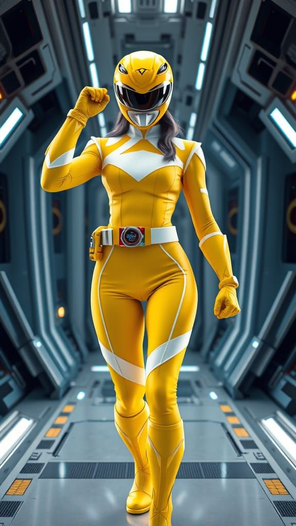 Vibrant Power Ranger-Inspired Superhero in Metallic Space Ba...