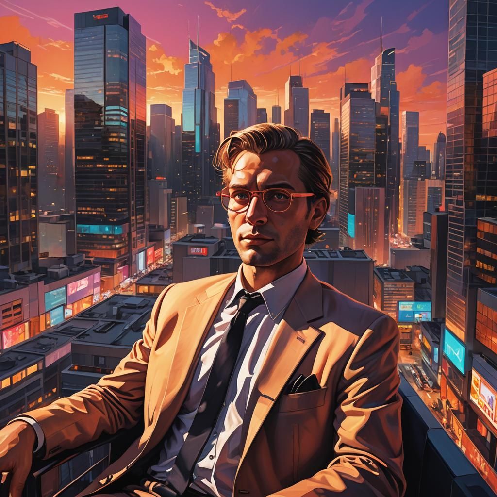 Man Lounging in Modern Cyberpunk Cityscape