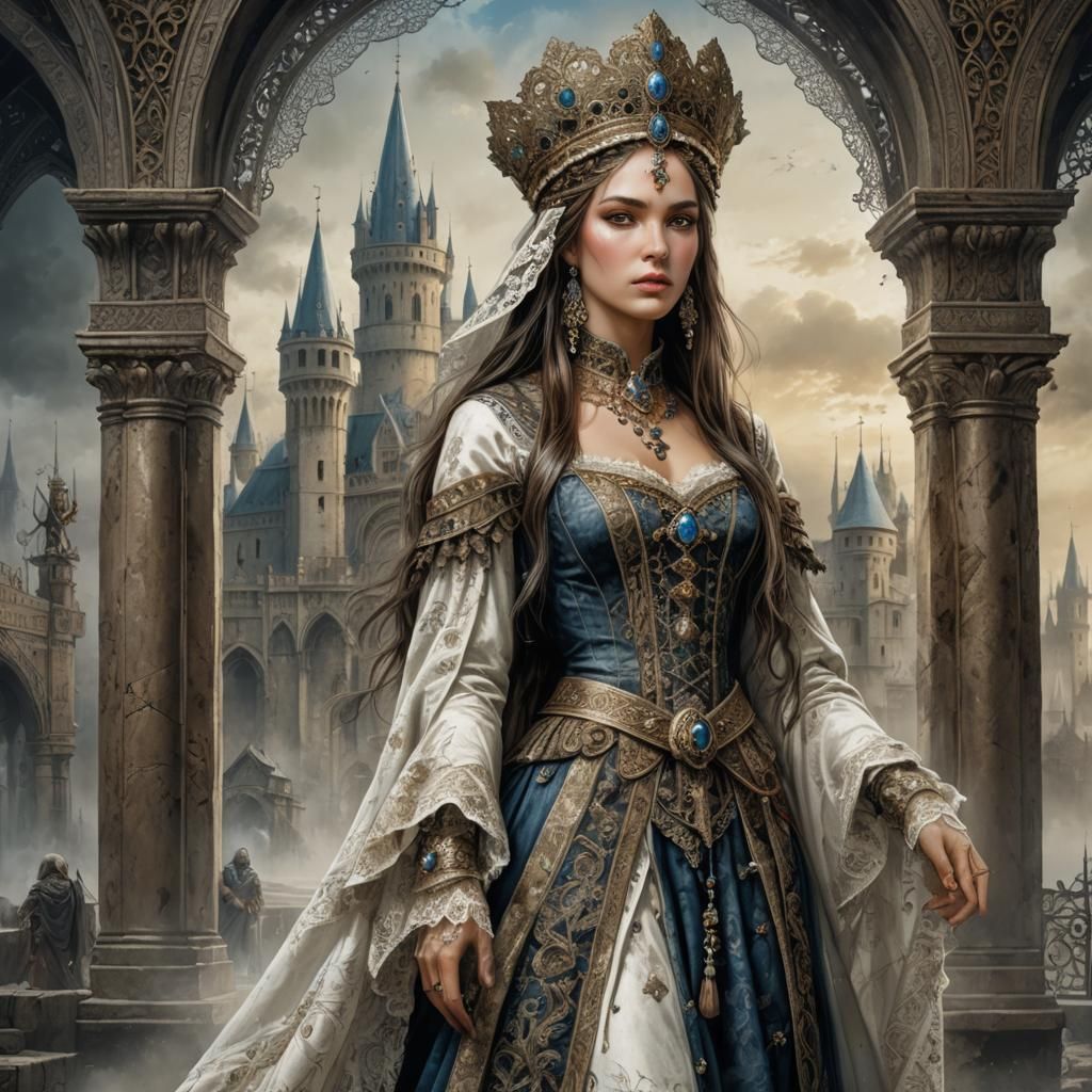 Beautiful Woman in 14th Century Outfit, Vintage Oil Painting