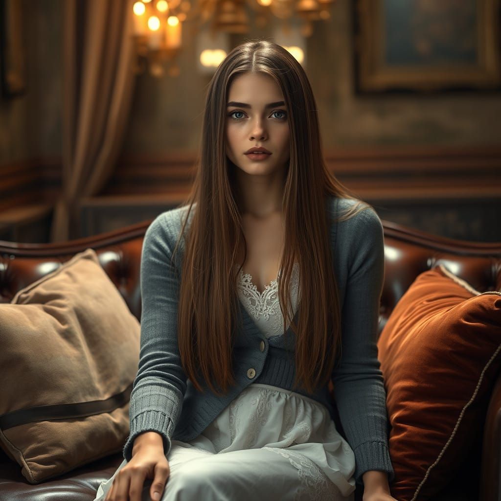 Ethereal Beauty on a Luxurious Leather Couch