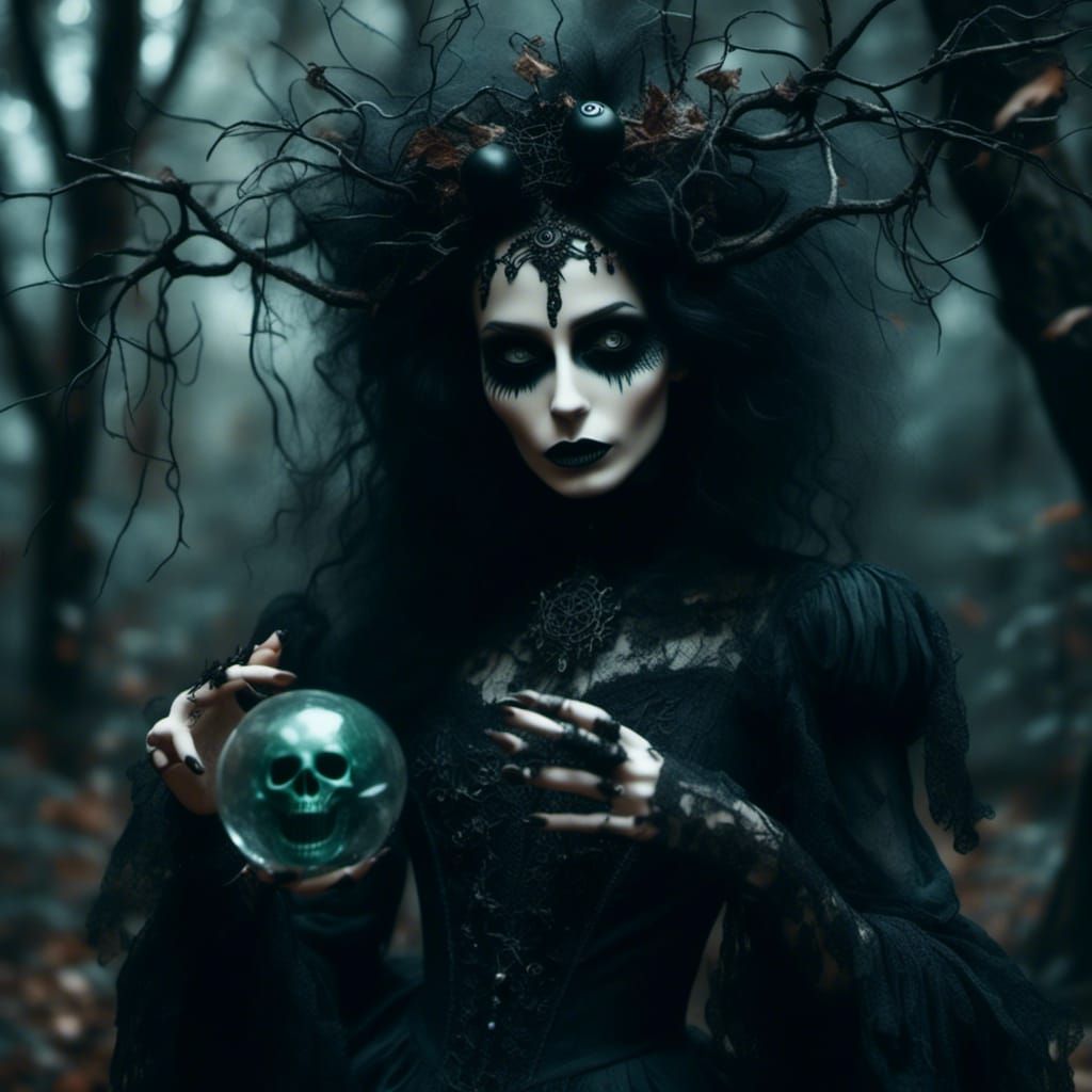Goth Fairy Godmother in Dark Surrealist Forest