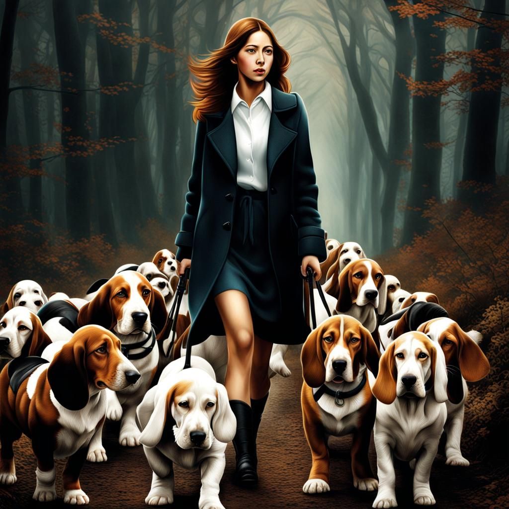 Woman Walking Basset Hounds: Hyperrealistic Color Illustrati...