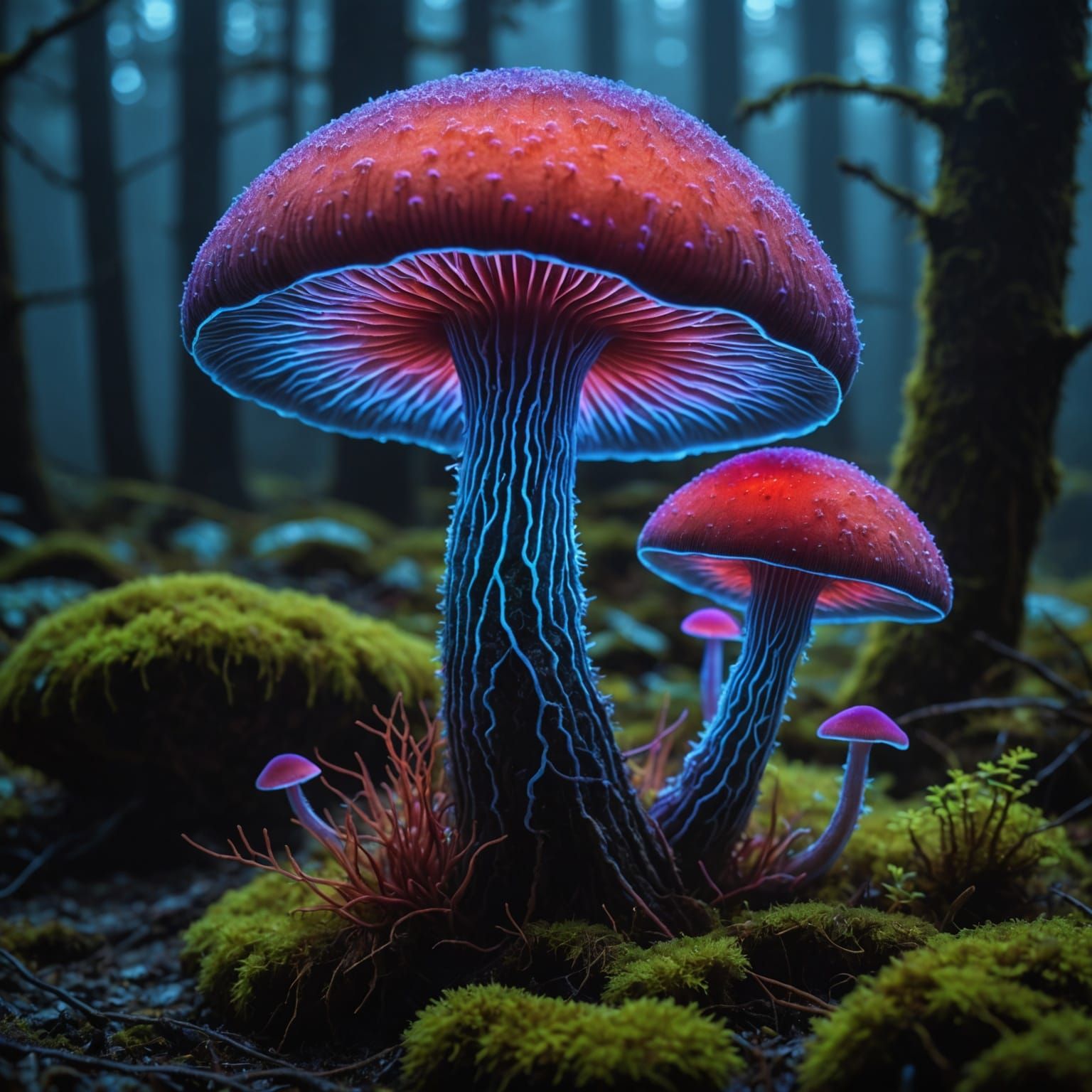 Bioluminescent Alien Mushroom with Coral Stem