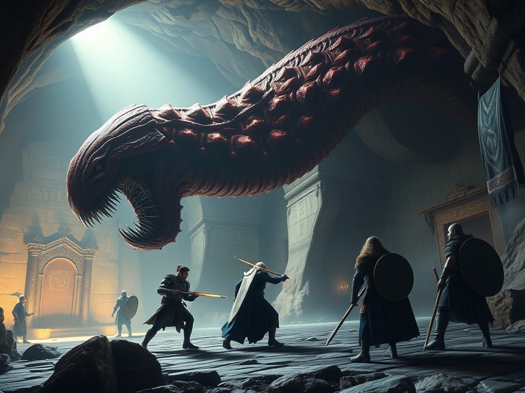 Giant Monster Worm Battle in Gloomy Dungeon, Photorealistic ...
