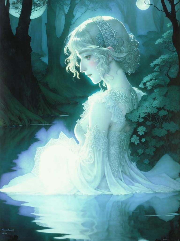 Ethereal Lady by Moonlit Lake in Fantasy Art Style