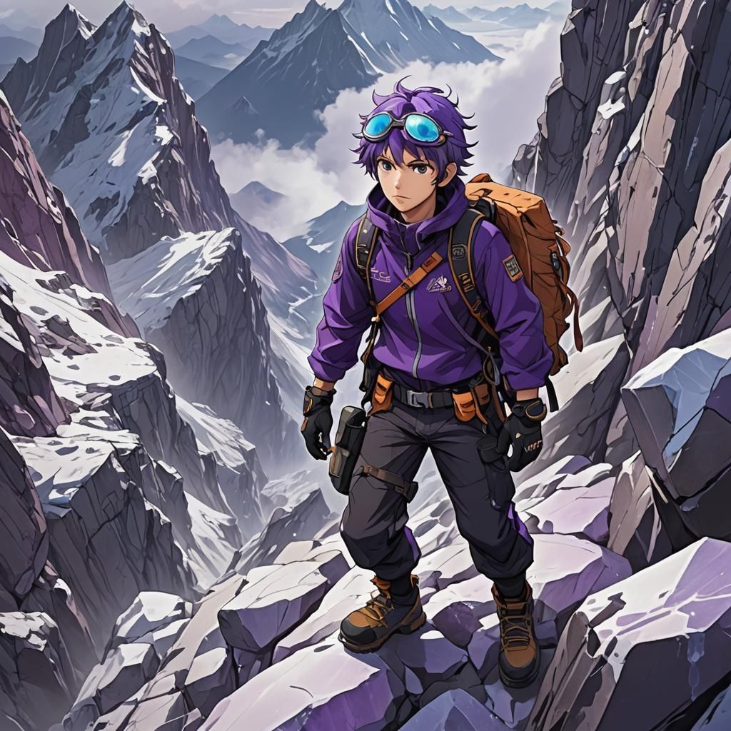 Anime Boy Climbing Amethyst Peaks in 3D Style