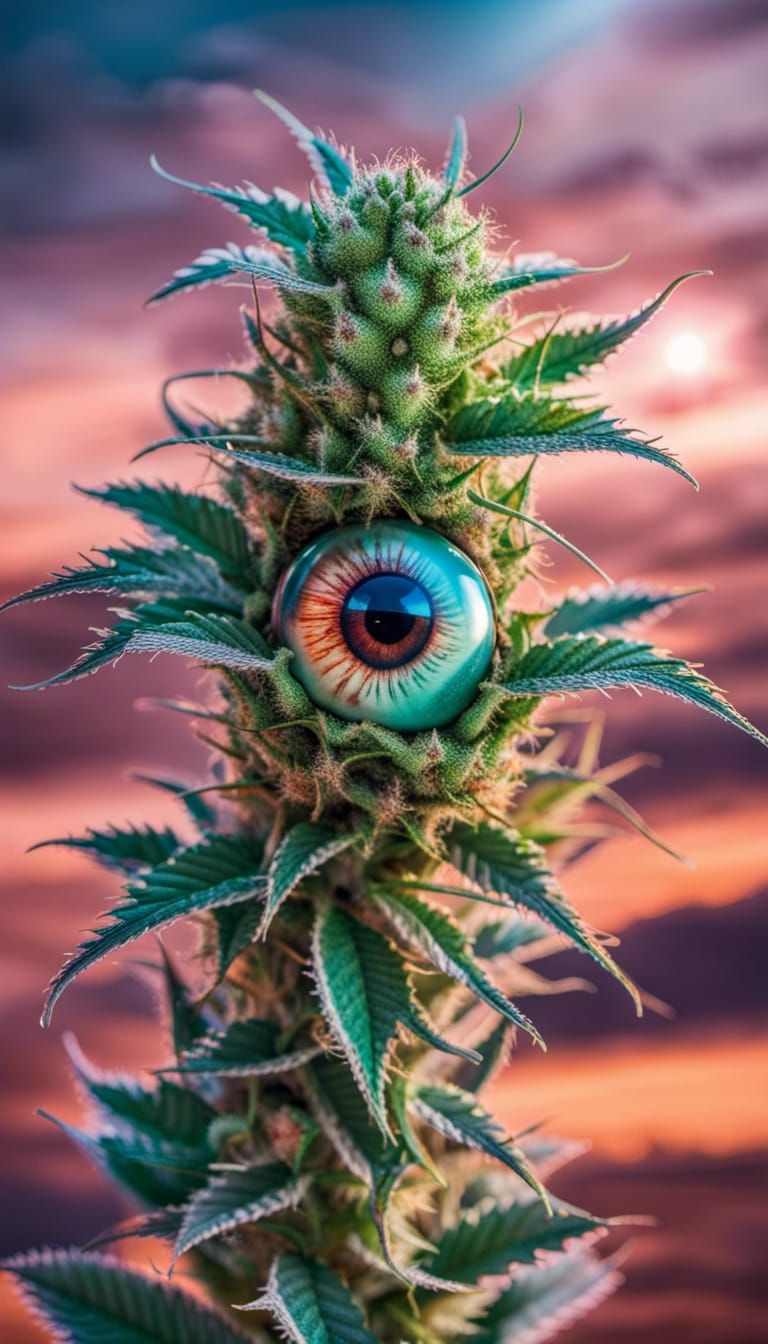 Colossal Marijuana Plant with Eyes in Desert Sunset