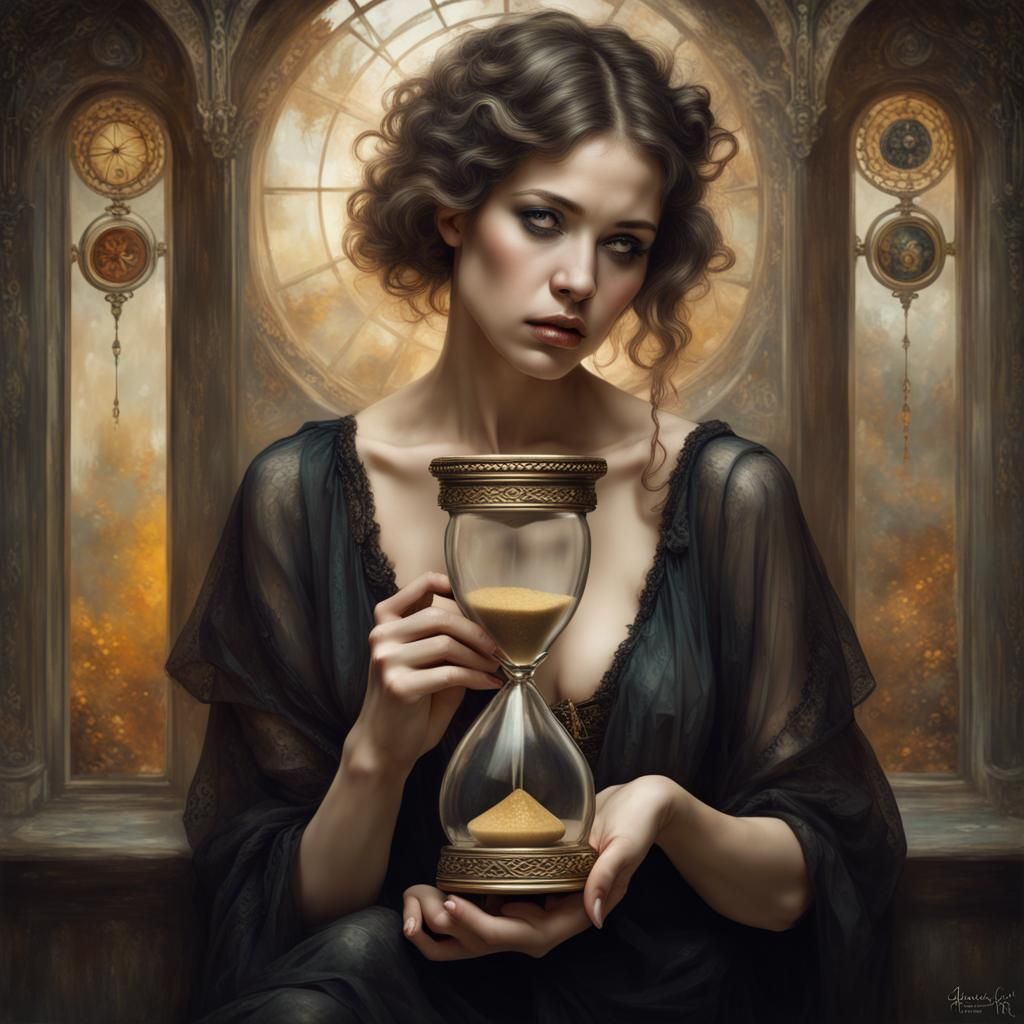 A beautiful surreal photograph of a beautiful woman holding a hourglass looking sad , atmospheric, tarot,  hyperdetailed...