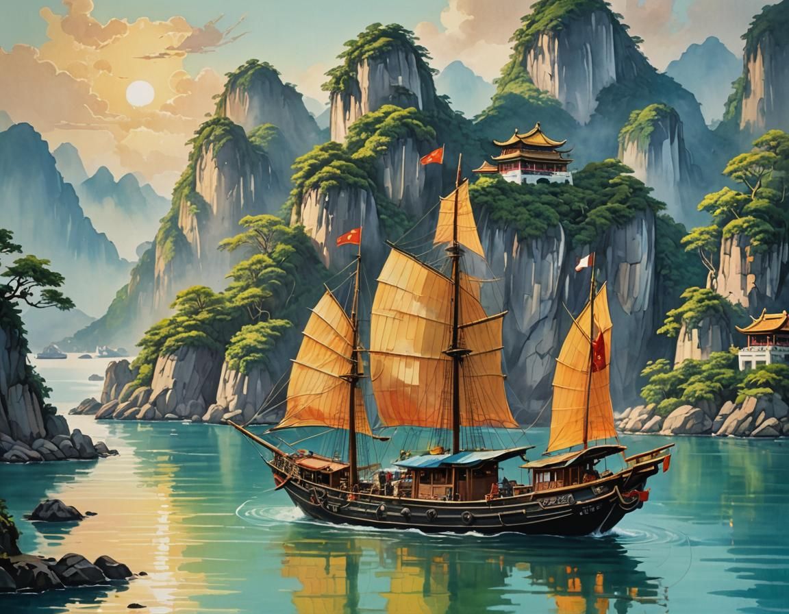 Tropical Island Bay with Chinese Boat in Gouache