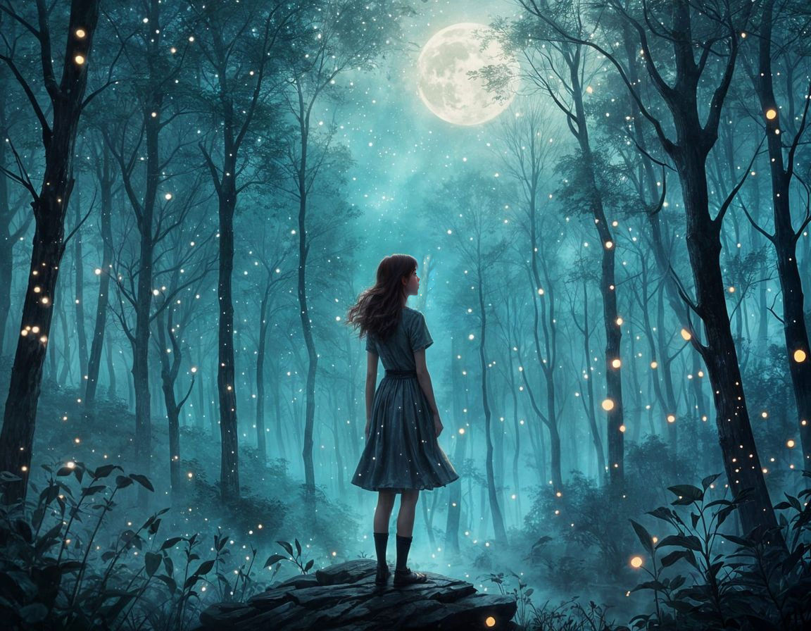 Girl Contemplates Cosmic Beauty Under Glittery Moonlit Sky