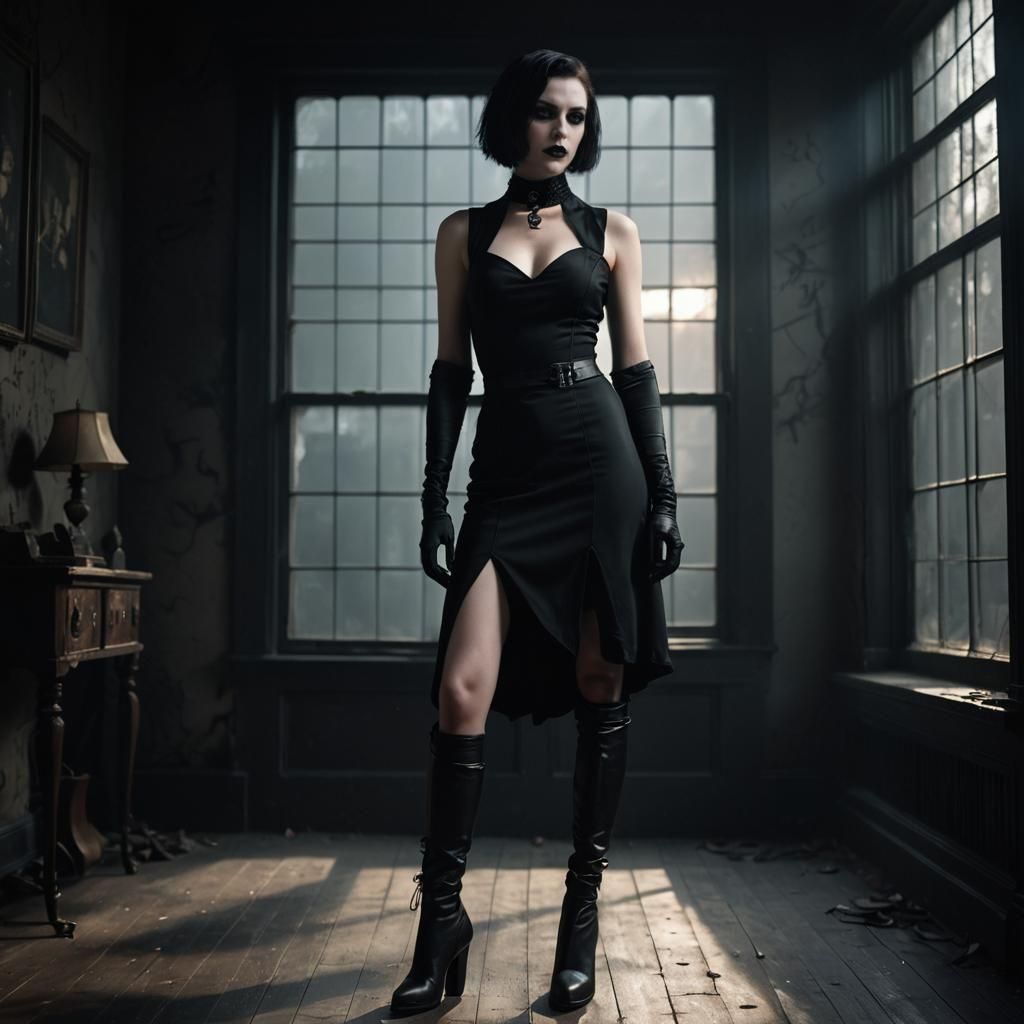 Gothic Vampire Woman in Black Dress: Hyperrealistic Portrait