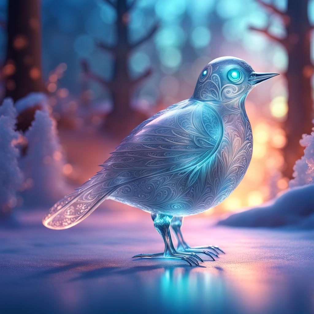 Extremely detailed cute round glowing frozen ice bird with tiny wings with ornate intricate pattern motifs in frozen enc...