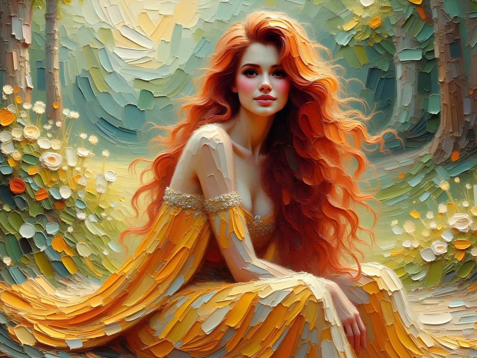 Norse Sun Goddess Smiling in Textured Impasto Painting