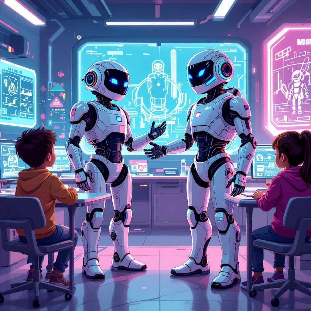 AI Robots Teaching Children in Cyberpunk Classroom