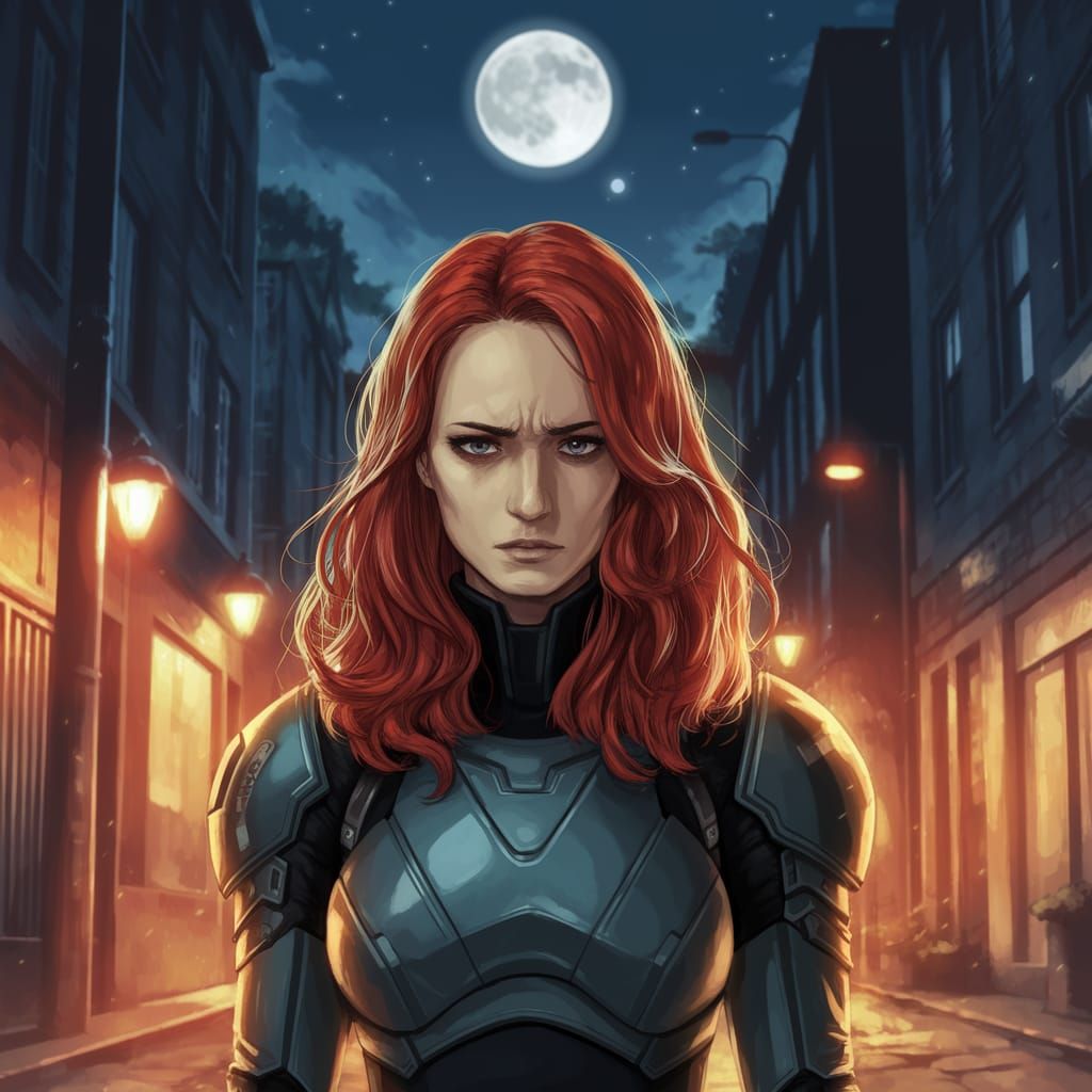 Scully in Metroid-Inspired Armor, Manga Style, Under Moonlit...