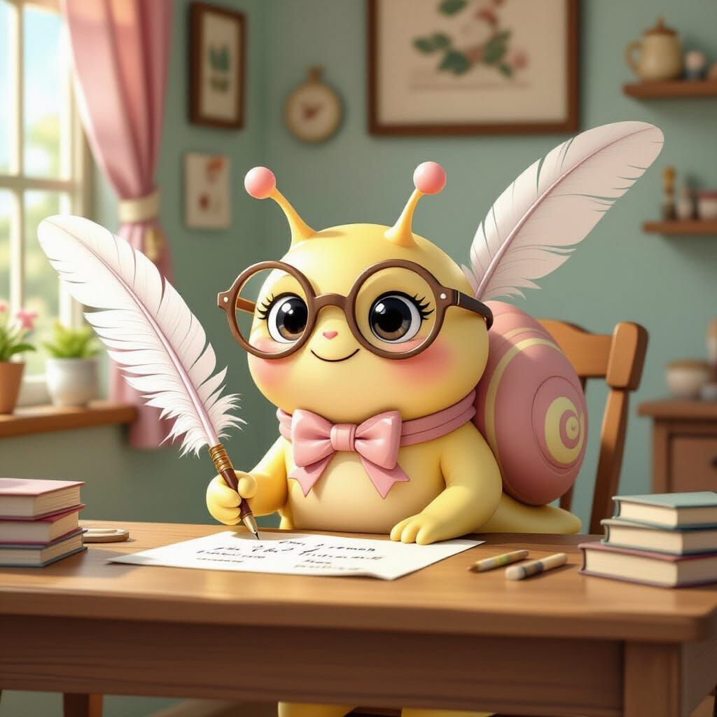 Kawaii Snail Writes Manuscript in Whimsical Style