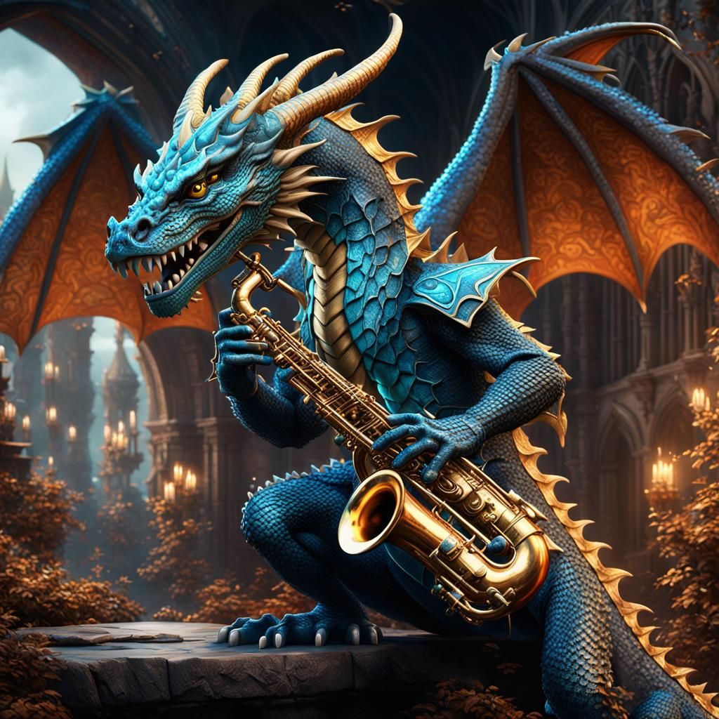 Dragon Saxophonist in Detailed Fantasy Concept Art