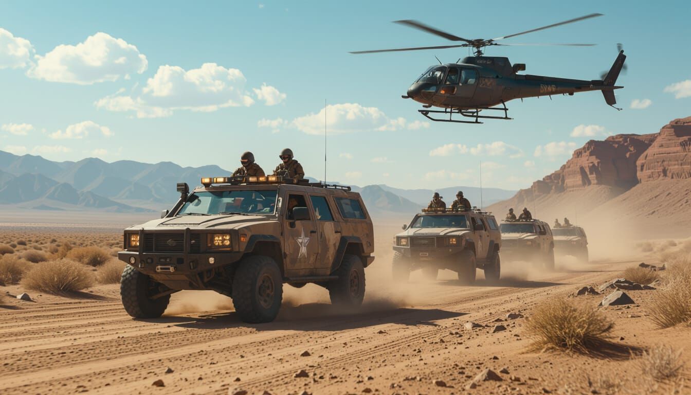 Armored Convoy in Arid Landscape: Cinematic Realism