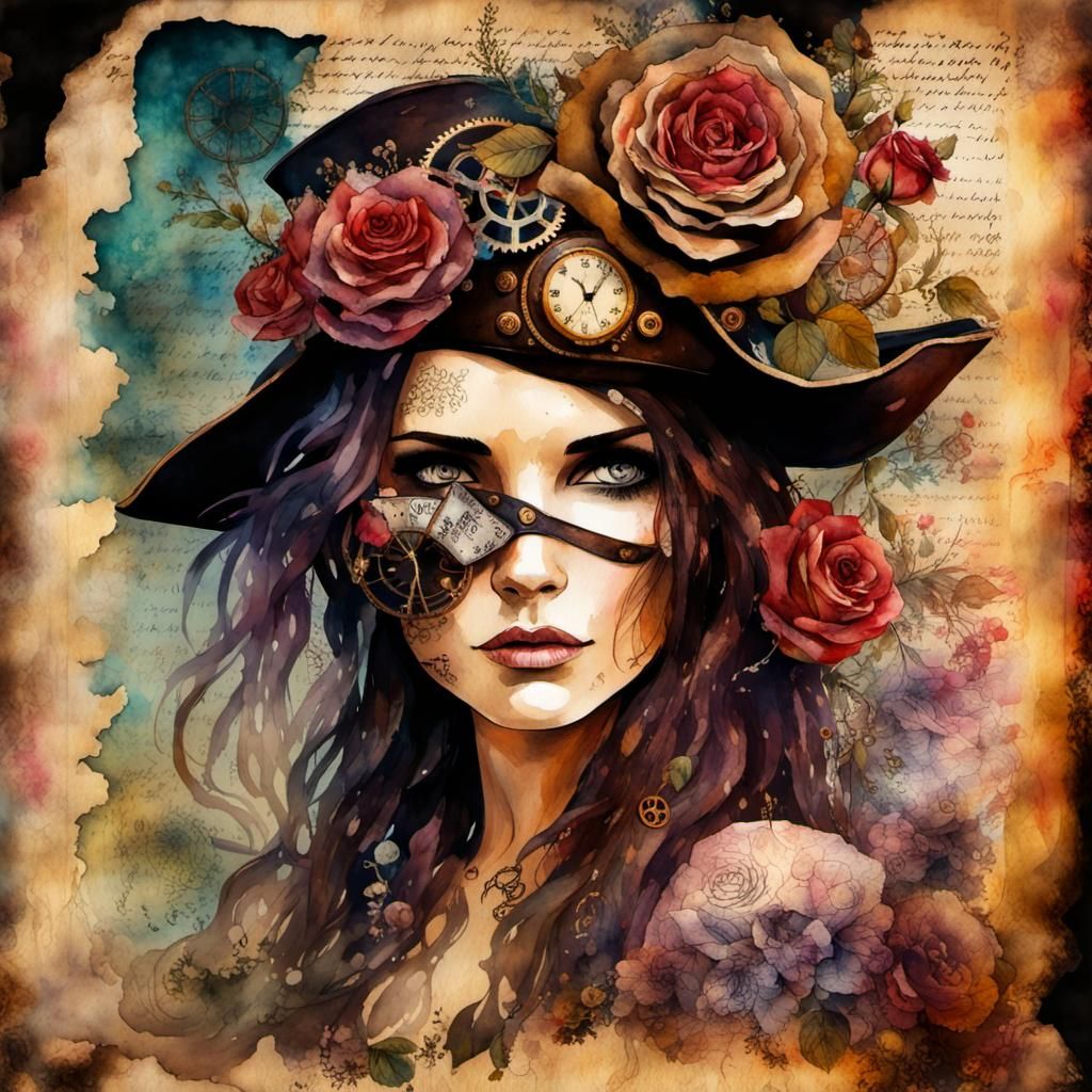 Steampunk Pirate Woman in Watercolor Style