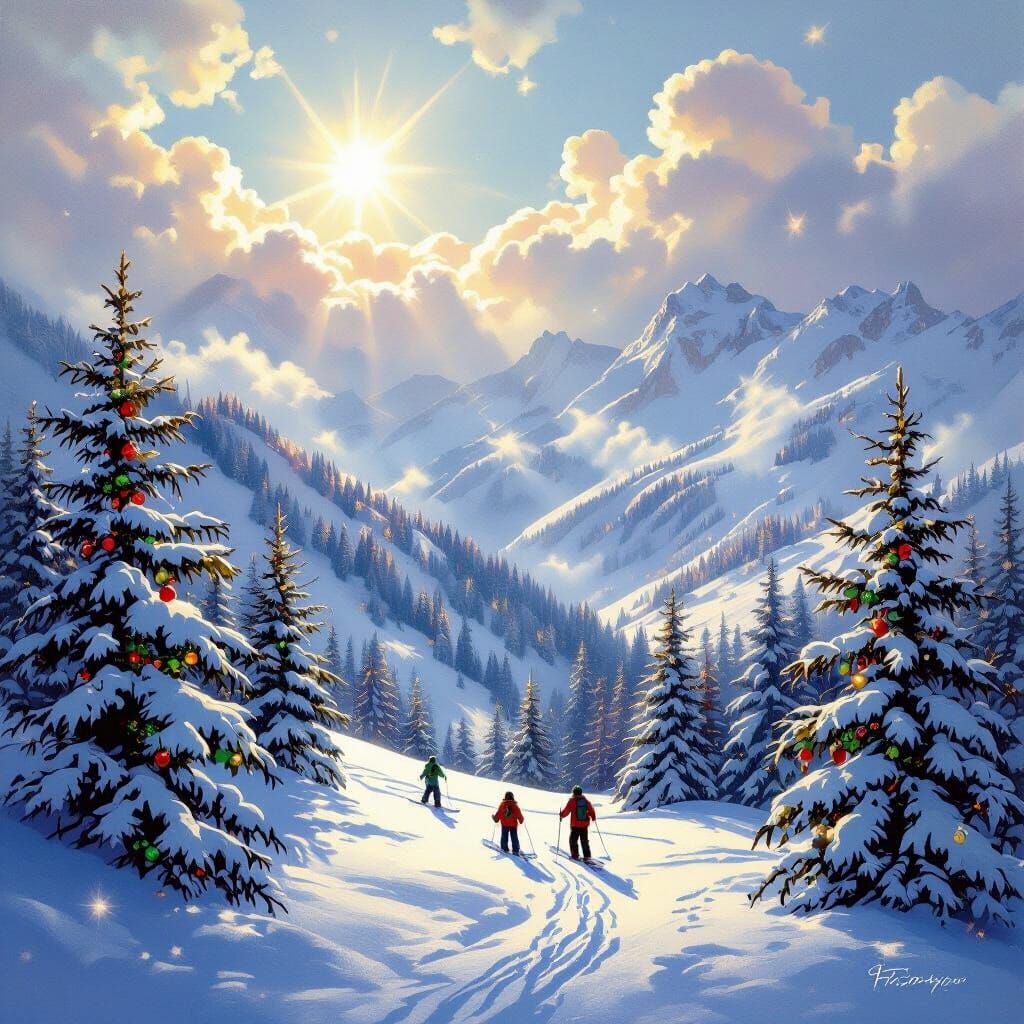 Christmas Skiers in Heavenly Sunshine