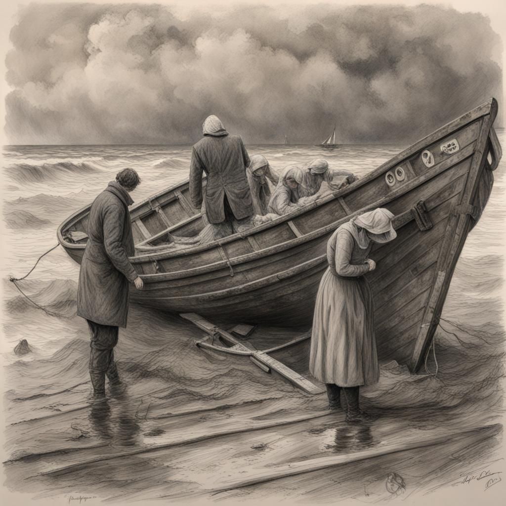 Worn Couple with Lifeboat: Hyperdetailed Charcoal Drawing