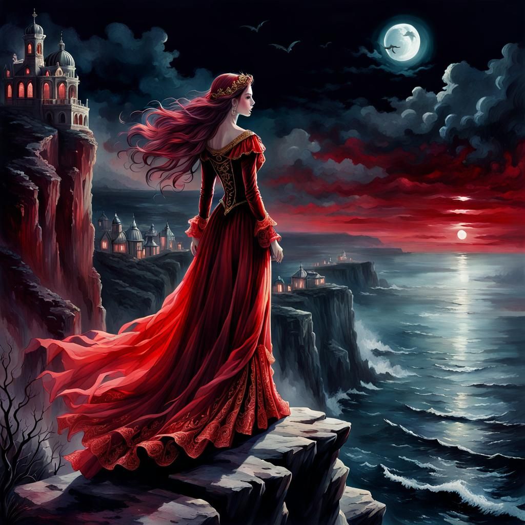 Ethereal Ghost Queen on Windy Cliff, Watercolor Art