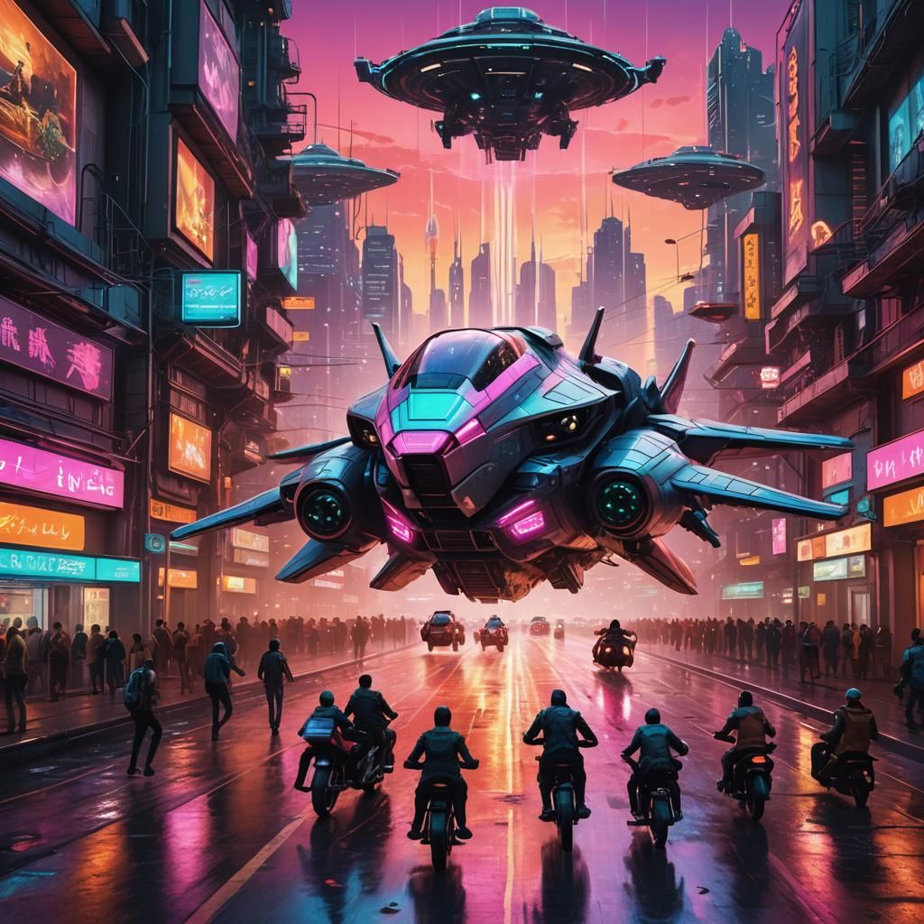 Futuristic Cityscape with Spaceship Landing, Digital Art