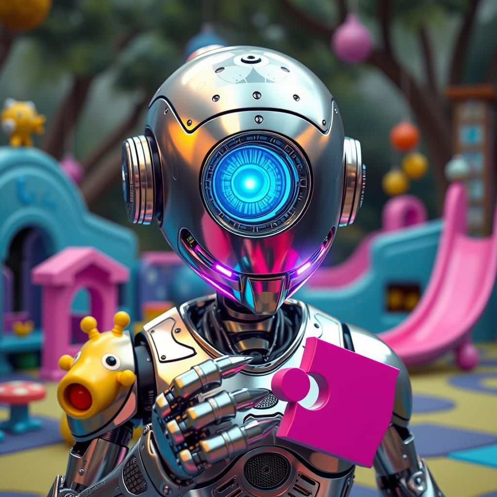 A 3D render of a metallic humanoid robot with a vibrant, hol...