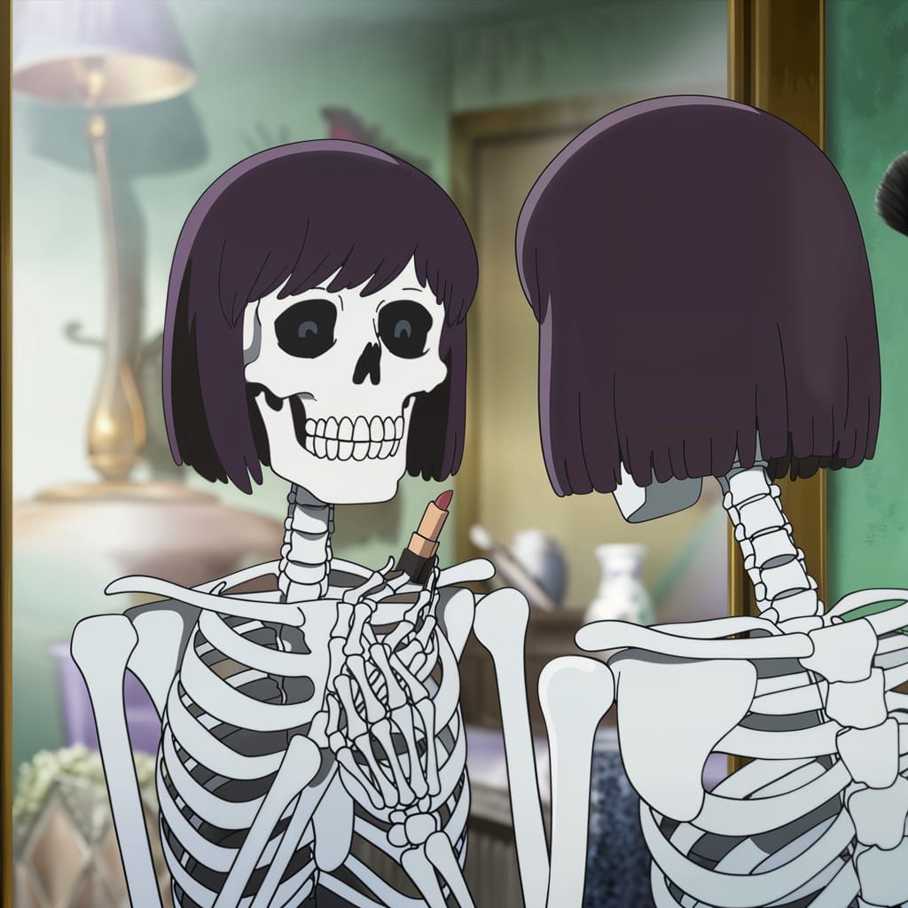 Anime Skeleton with Purple Wig Applying Makeup
