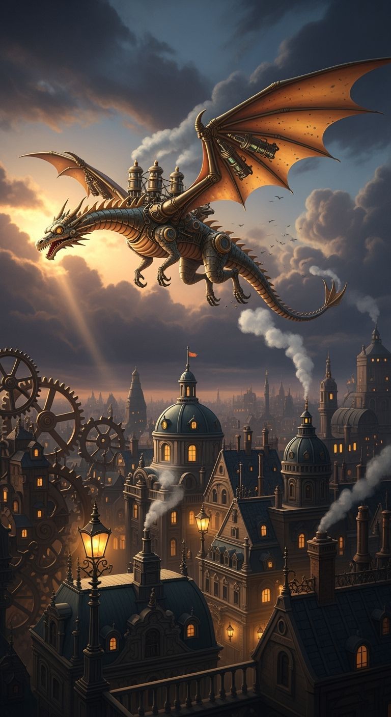 Steampunk Dragon Soars Above Victorian Cityscape