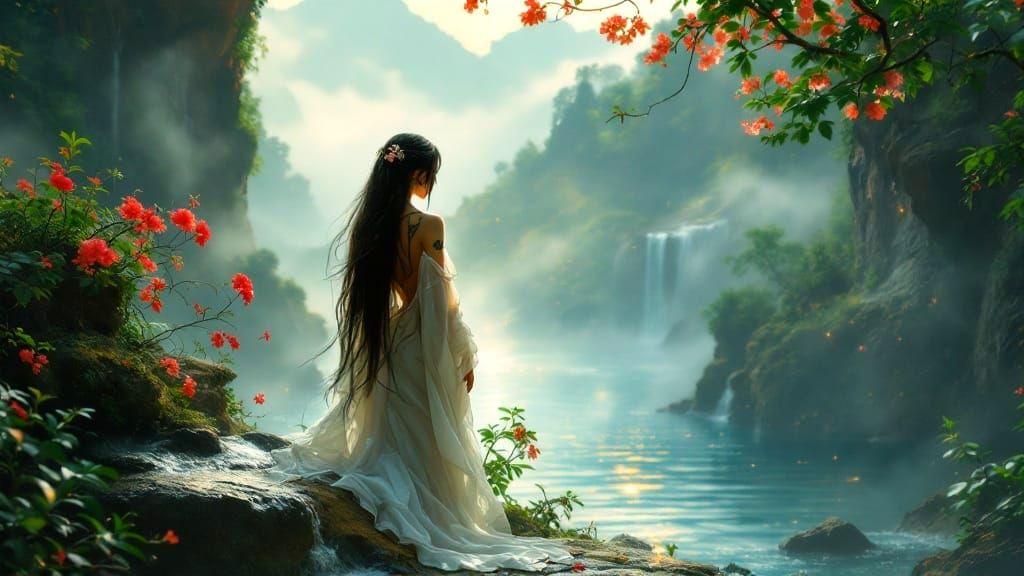 Enchanting Asian Waterfall Scene in Whimsical Oil Painting S...