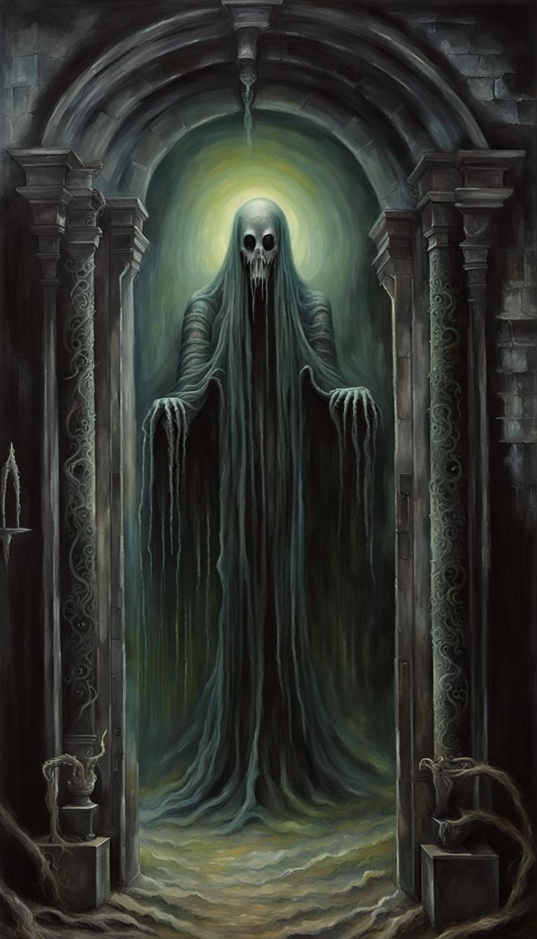 Ghastly Ghost at Graveyard Gates in Oil Painting