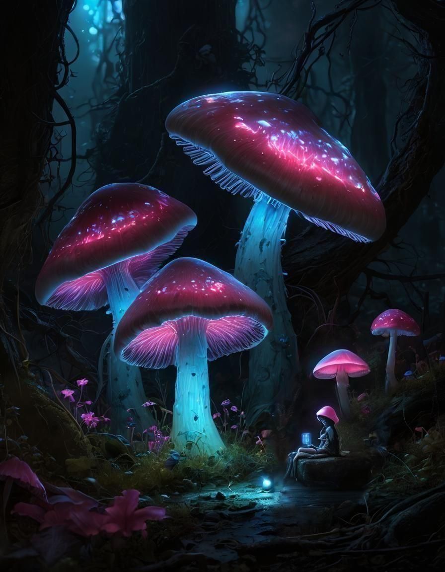 Fairy Under Bioluminescent Mushroom in Dark Fantasy