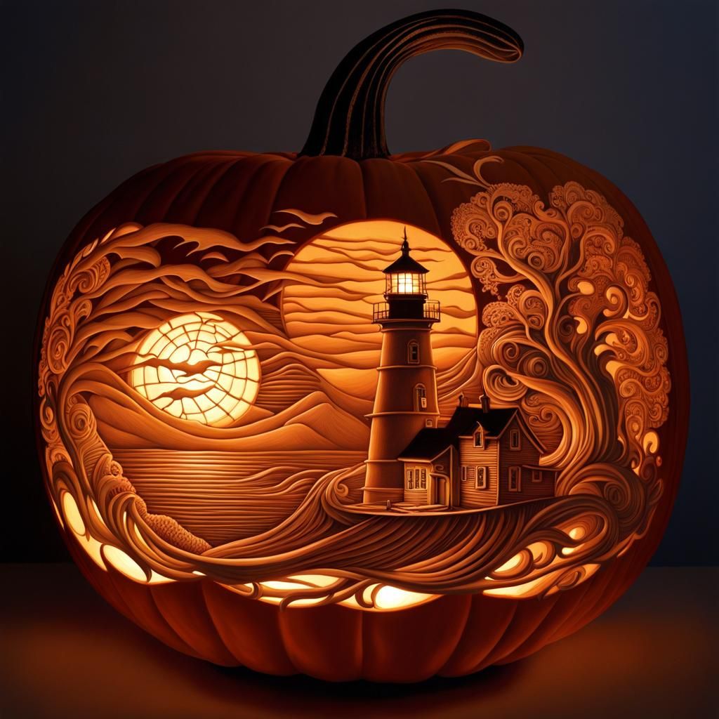 Intricate Pumpkin Carving of Spooky Lighthouse