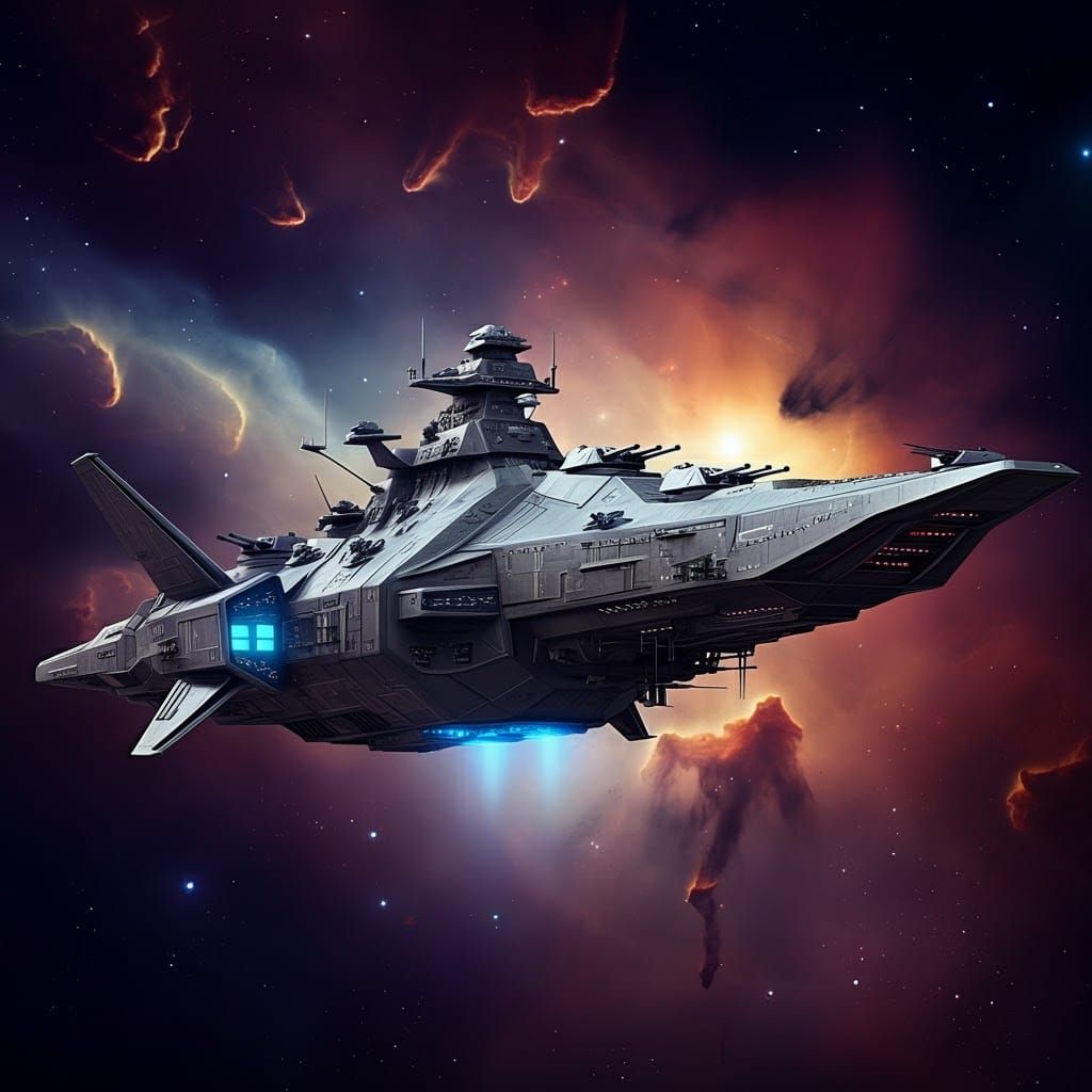 Majestic Space Warship Amidst Swirling Nebula
