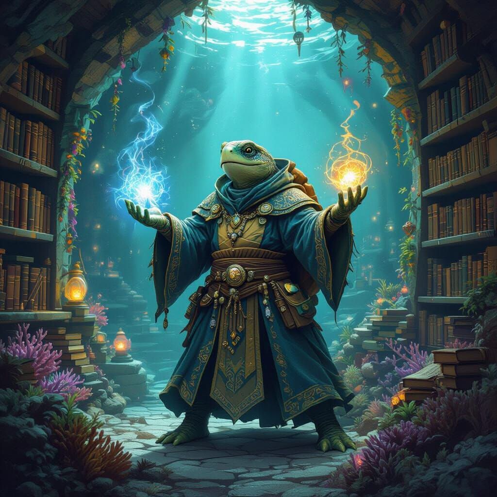Turtle Mage Casting Spell in Underwater Grotto