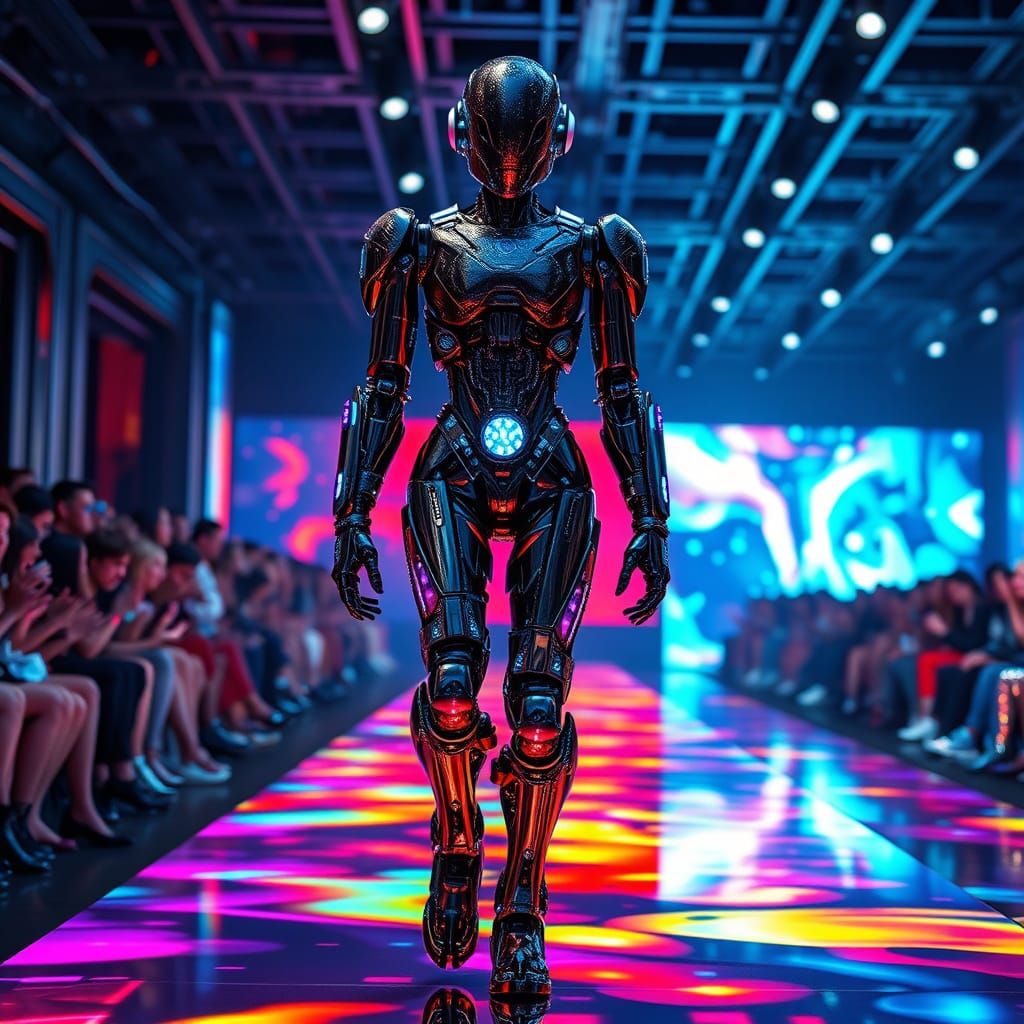 Cyberpunk Robot Fashion Model on Neon Catwalk