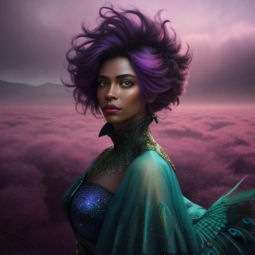 Peacock Haired Woman in a Surreal Oil Painting