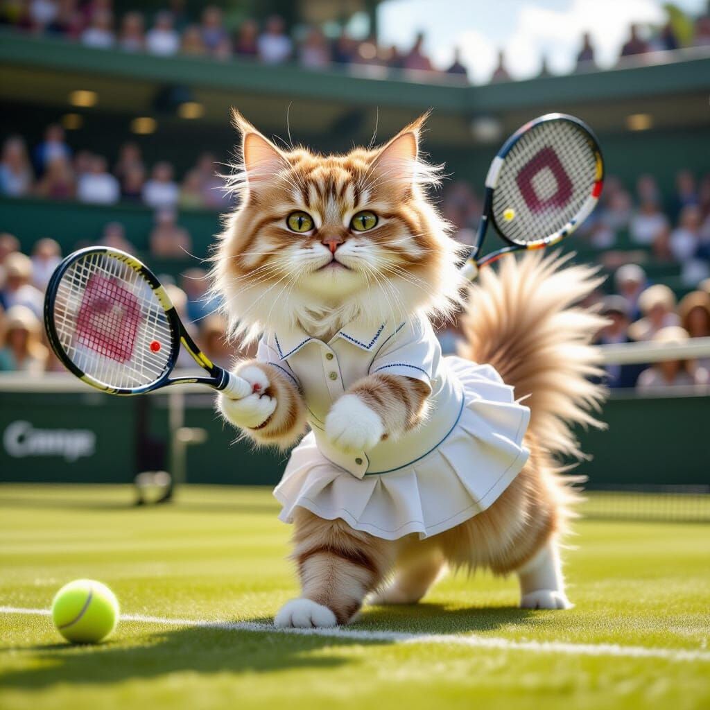 Kitty Plays Tennis at Wimbledon: Hyperrealistic Digital Art