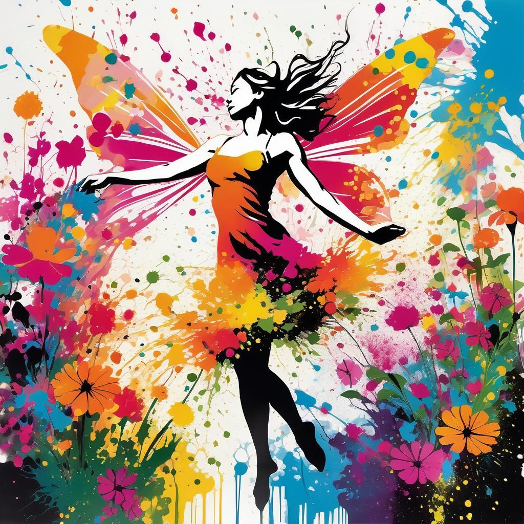 Ink Splatter Fairy Dances in Flower Garden
