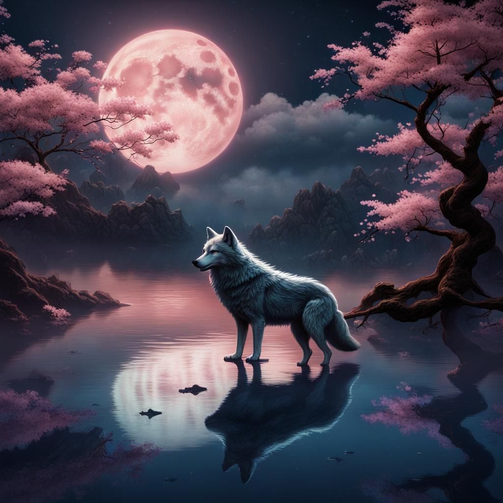 Wolf in Clouds Under Full Moon