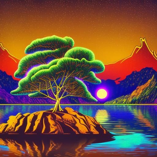 Psychedelic Golden Tree on Lake at Night