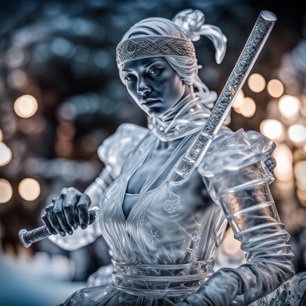 Female Ice Sculpture Samurai Ninja in Hyperrealism