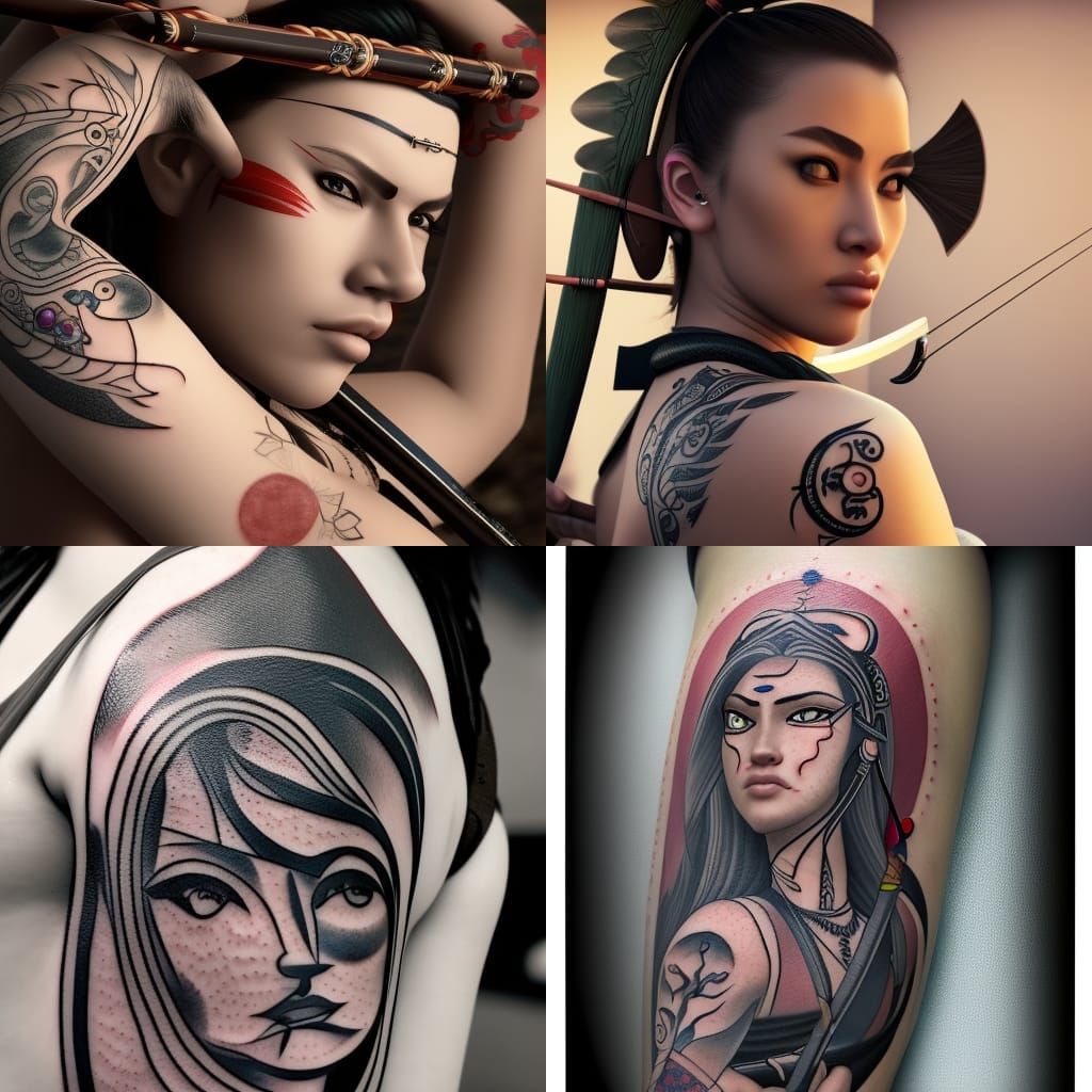 Female Archer with Yin Yang Tattoo in Photorealism