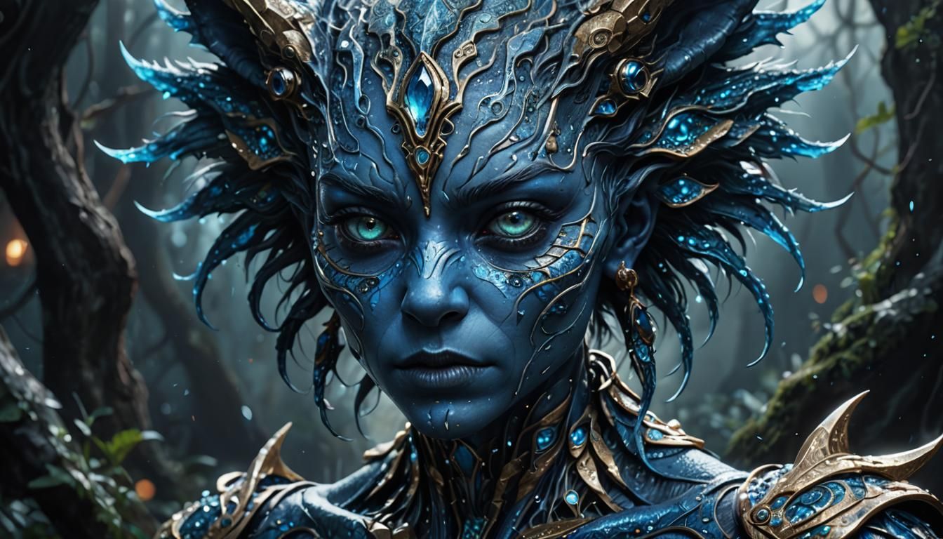 Intimidating Blue Creature in Holographic Astral Style