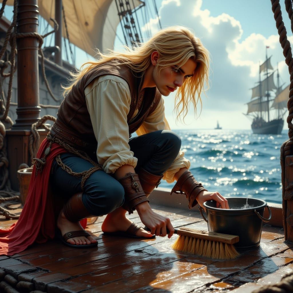 Young Pirate Scrubbing Ship Deck in Sunlight
