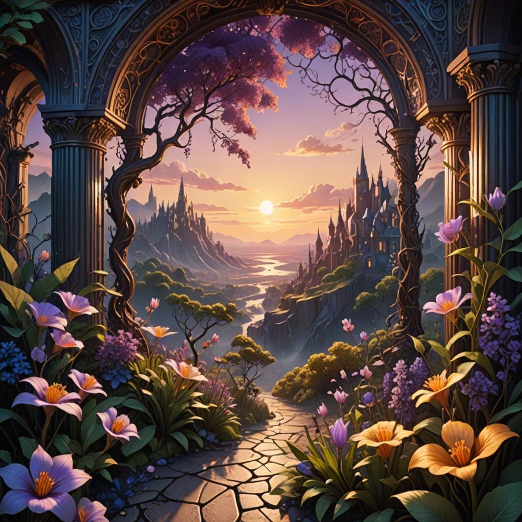 Summer Sunset Landscape in Whimsical Art Nouveau Style