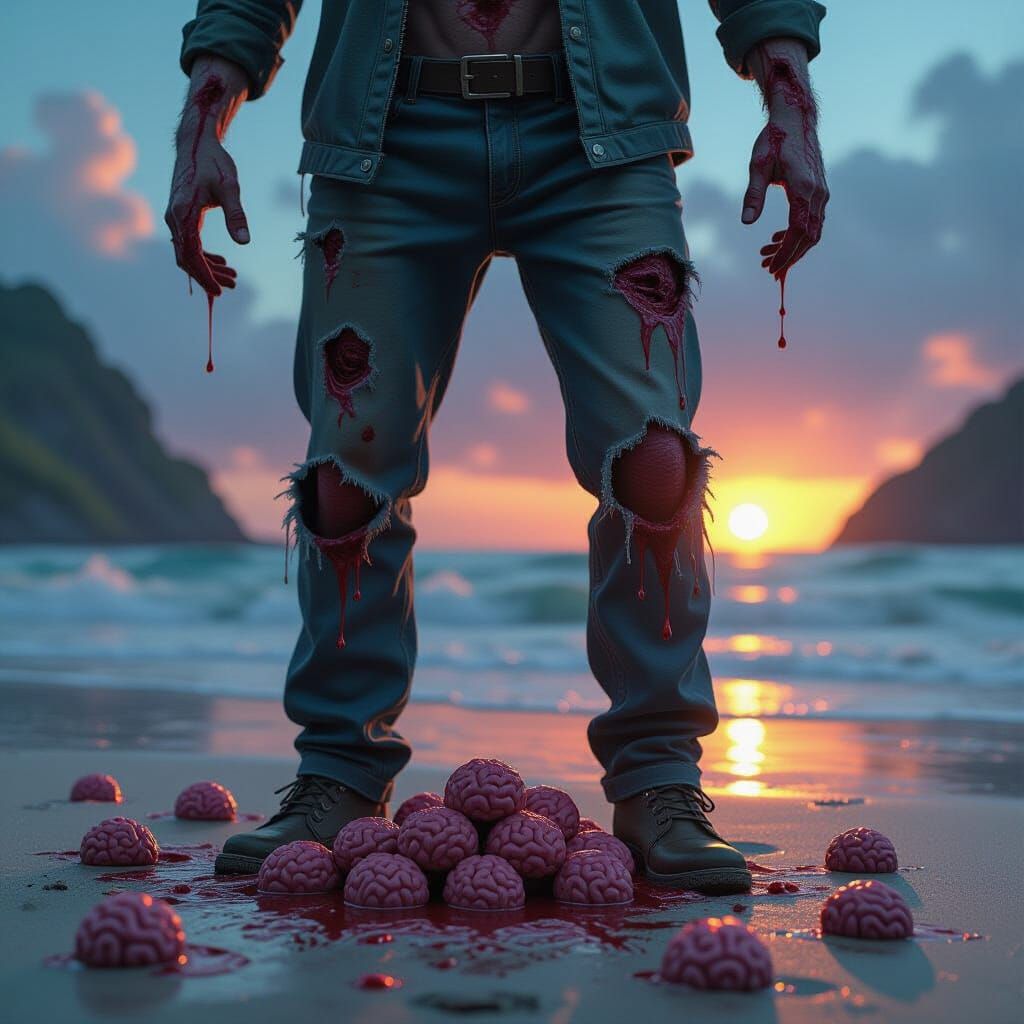 Hyperrealistic Zombie on Island with Brains