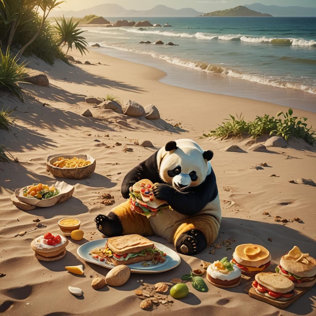 Colorful Panda's Beach Picnic: Hyperrealistic Digital Art